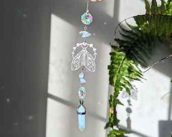 silver moth opal aquamarine crystal suncatcher, window prism, birthday gift for her, rainbow maker, crystal sun catcher, mothers day gift,