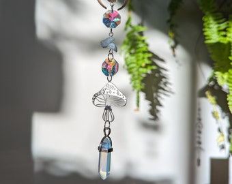 silver mushroom opal aquamarine crystal suncatcher, birthday gift for her, rainbow maker, cottagecore gifts, witchy gift, boho gifts for her