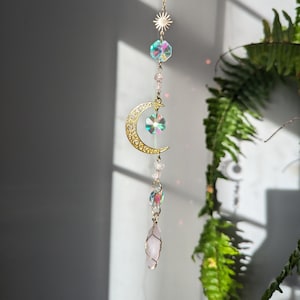 gold rose quartz crystal moon suncatcher, window prism, birthday gift for her, rainbow maker, crystal sun catcher, mothers day gift,