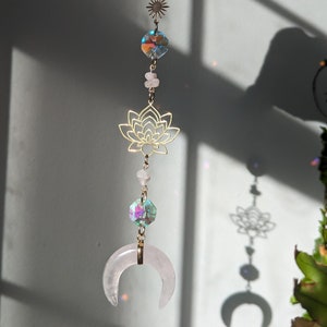 gold lotus flower moon rose quartz suncatcher, window prism, birthday gift for her, rainbow maker, crystal sun catcher, witchy gifts,