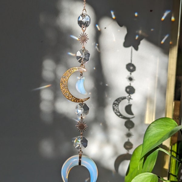 gold opal crystal moon suncatcher, window prism, birthday gift for her, rainbow maker, crystal sun catcher, mothers day gift, gift for mom