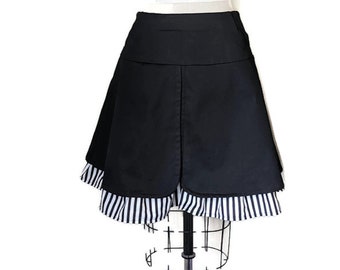 Black organic cotton twill skirt with black and white striped ruffles