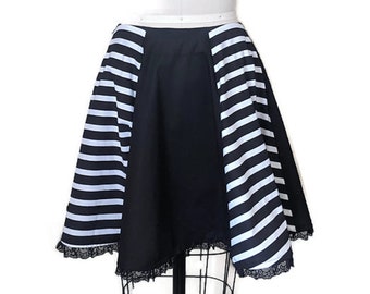 Black and white striped 3/4 circle skirt with lace trim