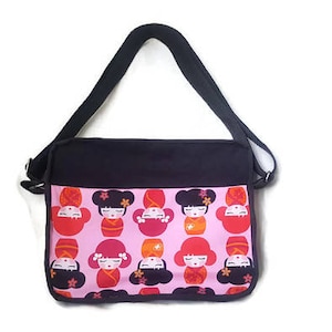 Black and pink Japanese dolls print, asian doll print handbag, cross body purse, box purse
