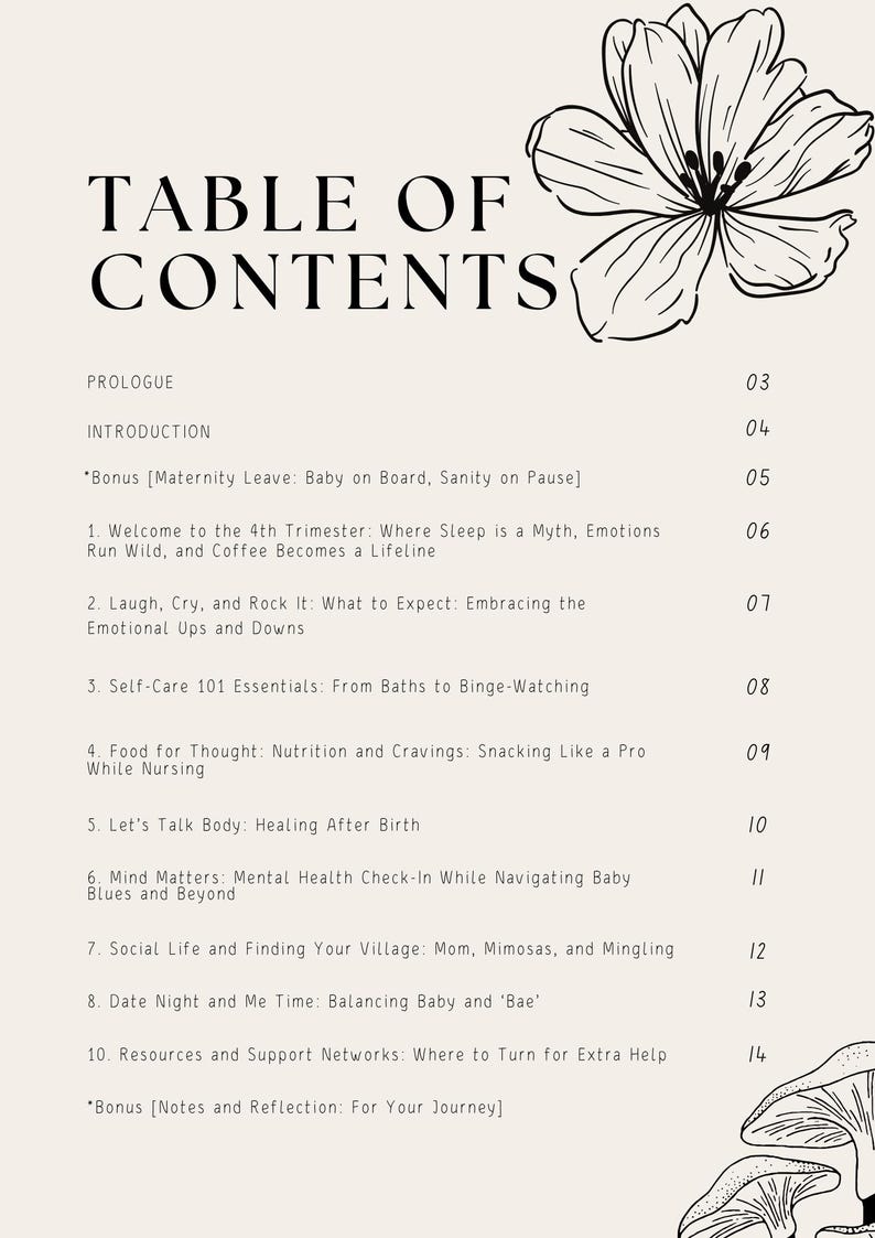 K&ouml;nnte beinhalten: Eine cremefarbene Seite mit dem Titel &bdquo;INHALTSVERZEICHNIS&ldquo; in fetten schwarzen Buchstaben. Die Seite listet Kapitel&uuml;berschriften und Seitenzahlen mit Blumen- und Pilzillustrationen auf. Themen sind Mutterschaftsurlaub, Selbstpflege und psychische Gesundheit.
