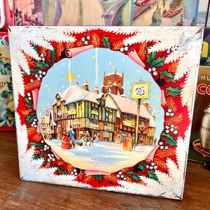 Vintage Christmas Tin - Winter Street - 1960&#39;s - Huntley & Palmer
