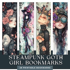 Junk Journal leeswijzers: Spooky Halloween afdrukbare bladwijzer, Steampunk Goth Girl-thema, unieke plakboektag, digitale download voor hobbyisten