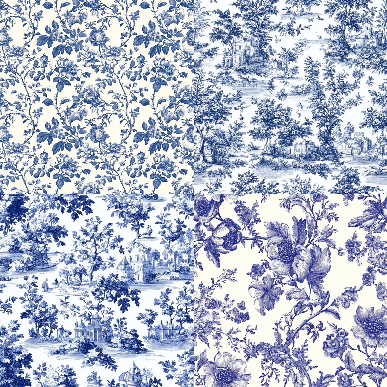 Blue Toile De Jouy Seamless Pattern, Vintage Floral, Blue French ...