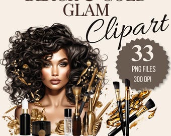 Puede incluir: Ilustración digital con una mujer y productos de maquillaje en negro y dorado. El texto dice "BLACK & GOLD GLAM Clipart", con "33 PNG FILES 300 DPI" en un círculo. Incluye "DESCARGA INSTANTÁNEA" y "USO COMERCIAL".