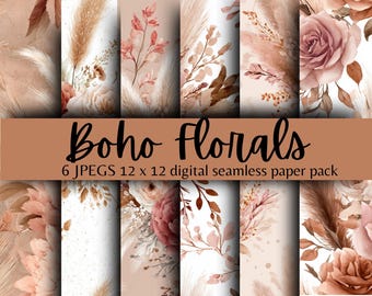 Bezszwowy pakiet papieru cyfrowego Boho Floral – 12×12” Natychmiastowe pobranie | Neutralne tła Boho Seamless do scrapbookingu i zaproszeń