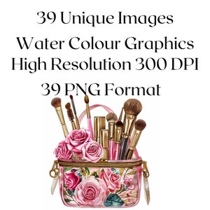 May include: A pink floral makeup bag with a gold zipper and a variety of makeup brushes and lipstick tubes inside.