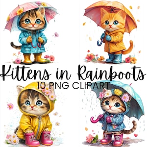 Imágenes prediseñadas, lindos gatitos con impermeables, ilustraciones divertidas para proyectos digitales, ¡regalo único para niños y amantes de los gatos! Manualidades con álbumes de recortes