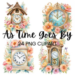 Floral Clock Clipart, Cuckoo Clock, PNG image Transparent, Mantel Clock Clip Art, Alarm Clock Images, Junk Journal Digital Scrap Book, Craft