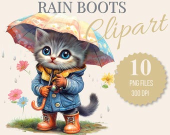 Clipart, Cute Kittens in Rain Coats, Playful Illustrations for Digital Projects, Unique Gift for Kids and Cat Lovers! Scrap Booking Crafts