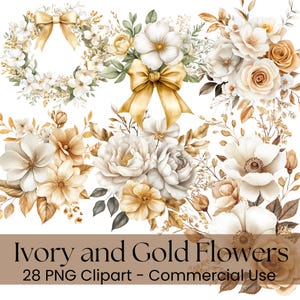 Ivory and Gold Flowers Clipart, Wedding Floral PNG, Digital Download for Crafts, Elegant Art for Invitations, Commercial Use, Scrapbooking