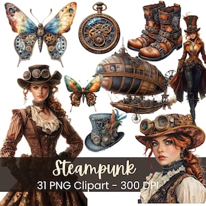 Victorian Steampunk Butterfly and Dress Clipart, Vintage Steampunk Scrapbook with Clockwork Details, Junk Journals, Digital Download PNG