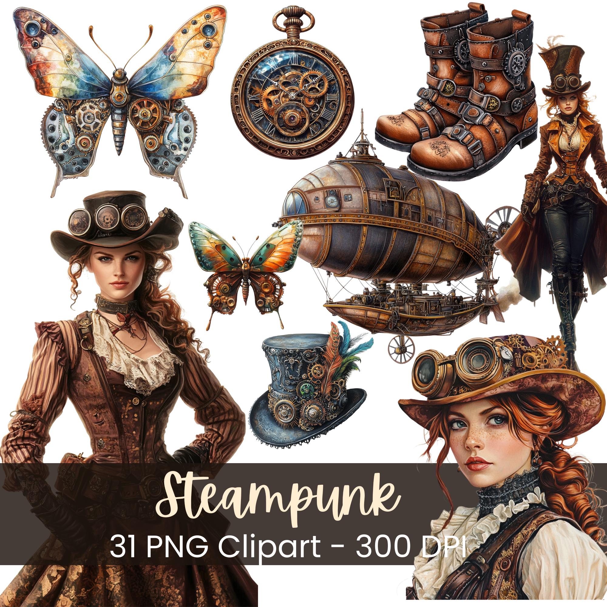 Clockwork Dress Victorian Steampunk Butterfly and Dress Clipart, Vintage Steampunk ...
