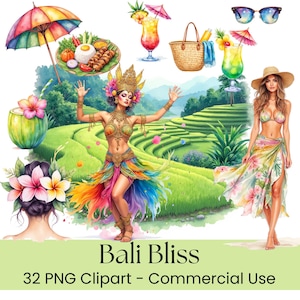 Op de afbeelding: Een levendige digitale illustratie met een Bali-thema. Het toont een vrouw in traditionele kledij, cocktails, eten, een strandtas en een vrouw in bikini. De tekst "Bali Bliss" en "32 PNG Clipart - Commercial Use" zijn ook inbegrepen.