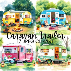 Aquarel caravan camper trailer clipart bundel, 17 jpeg camping clipart, avontuur, caravan, sublimatie, scrapbooking, commercieel gebruik