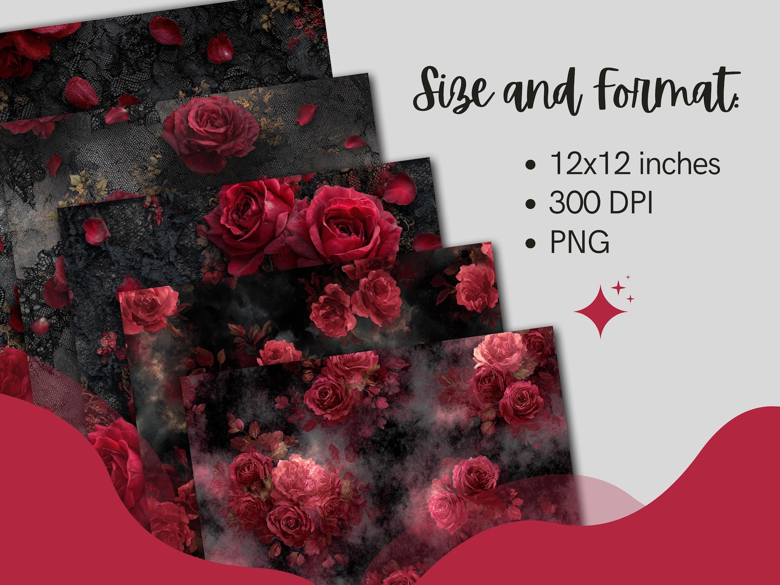 Dark Red Roses Digital Paper, Gothic Floral Seamless Backgrounds ...