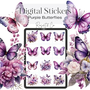 Lila Schmetterling Digitale Aufkleber, Aquarell Illustration, Planer Aufkleber, Schmetterlinge mit rosa Blumen, Junk Journal Aufkleber, 17 PNG-Dateien
