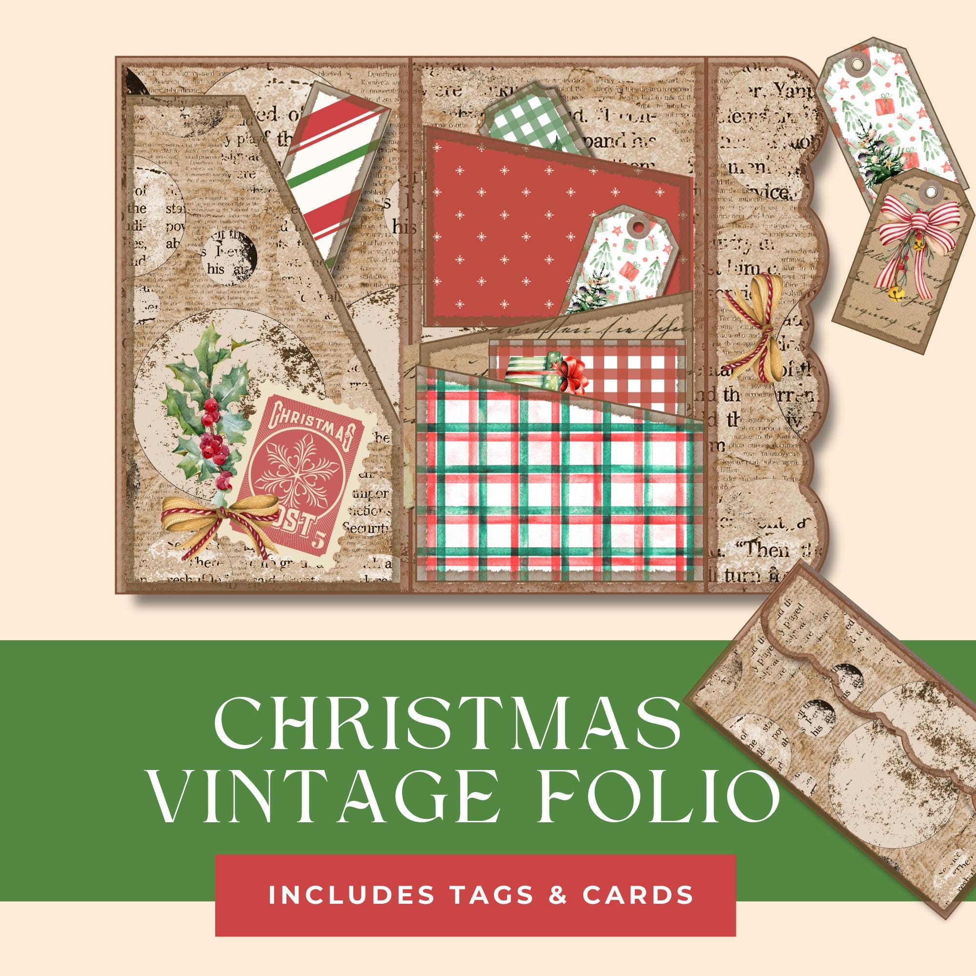 Christmas Folio Junk Journal Kit ,Vintage Printable Scrapbook Ephemera, Digital Download, Pocket Trifold,  Bookmark Tags, Planner Inserts