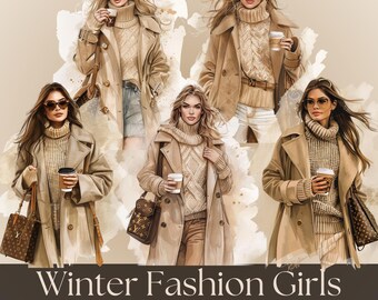 Winter Fashion Girls Clipart | 16 Cozy Sweater PNG Illustrations | Digital Fashion Girl Art | Commercial Use | Neutral Aesthetic, Scrapbook