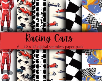 May include: A digital paper pack with six different designs featuring racing cars, checkered flags, and tire tracks. The pack includes 12 x 12 inch seamless patterns.