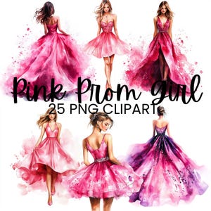 Rosa Abschlussball Kleid Clipart, schicke formelle Ballkleider, Grafiken für coole Mädchen Scrapbooking, Geburtstags- oder Abschlussgeschenk, Junk-Journal Illustration