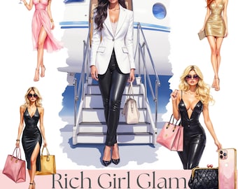 Luxury Rich Girl Glam Fashion Clipart Bundle - Jet Set Lifestyle PNGs for Boss Babe Brands, Insta Content, Stickers, Commercial Use