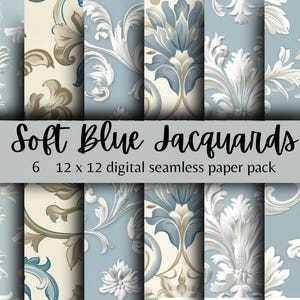 Op de afbeelding: Een digitaal papierpakket met zes naadloze patronen van 12x12 inch met zachte blauwe en witte damastontwerpen.  "Soft Blue Jacquards" staat in het midden van de afbeelding.