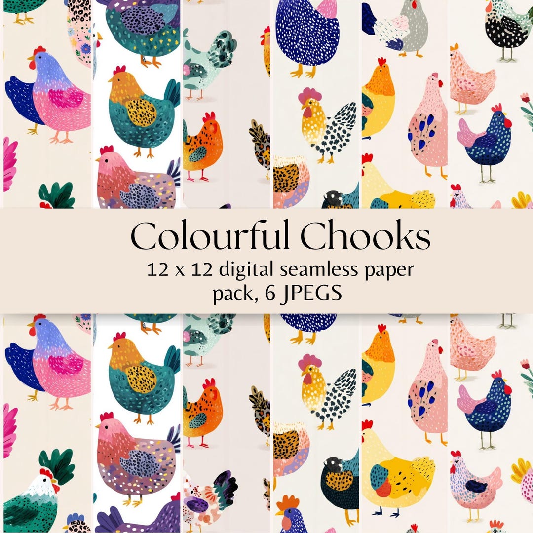 Chicken Seamless Pattern Pack, Colorful Hen Digital Paper, Farm Animal ...