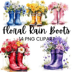 Puede incluir: Cuatro pares de botas de lluvia con diferentes arreglos florales en cada una. Las botas son amarillas, rosas, azules y rojas. El texto "Floral Rain Boots 14 PNG CLIPART" está en la parte inferior de la imagen.
