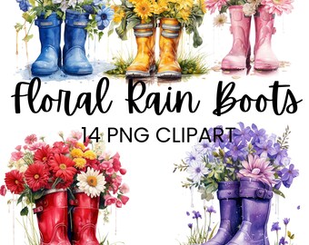 Floral Rain Boots Clipart, Flowers Rain Boot Images, Watercolor Clip Art, Download PNG, Commercial Use, Digital Stickers, Scrap Book Graphic