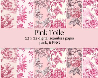 Papel digital Toile de Jouy rosa, estampados florales vintage, fondos chinoiserie rosa y blanco, papel para álbumes de recortes digitales, impresión sin costuras