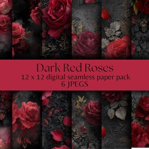 Puede incluir: Un paquete de papel digital sin costuras con rosas rojas oscuras sobre un fondo negro. La imagen muestra seis diseños diferentes, cada uno con una disposición única de rosas y texturas. El texto "Dark Red Roses" y los detalles del producto se muestran en una pancarta roja.