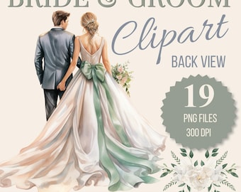 Puede incluir: Ilustración en acuarela de una novia y un novio de espaldas, tomados de la mano. La novia lleva un vestido blanco con un lazo y una faja verdes. Incluye el texto "BRIDE & GROOM Clipart BACK VIEW".