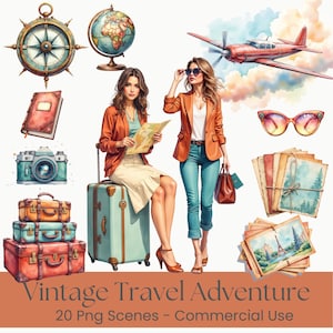 May include: Watercolor illustration of vintage travel elements. Includes a compass, globe, journal, camera, suitcases, plane, sunglasses, postcards, and two women. The text "Vintage Travel Adventure" is at the bottom.