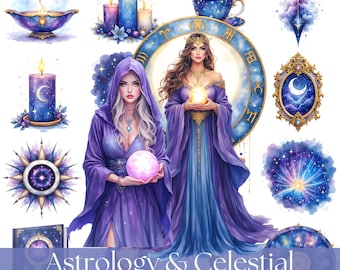 Himmlische Clipart-Bundle, Astrologie PNG-Set, Sternzeichen Magie Mond Sterne Clipart, mystische spirituelle Kunst, Kristallhexengrafik, kommerzielle Nutzung