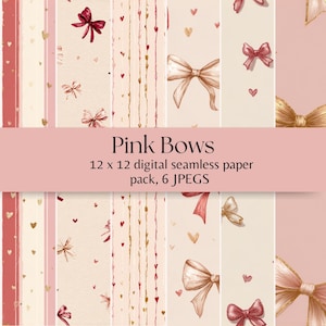 May include: A digital paper pack titled "Pink Bows" featuring various patterns. The patterns include pink bows, hearts, and decorative lines in shades of pink, gold, and cream. The text on the image indicates the pack includes 6 JPEGs, each 30.48 x 30.48 cm.