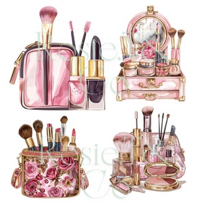 May include: Three pink and gold makeup bags with various makeup brushes, lipsticks, and other cosmetics. The bags have different patterns and designs.