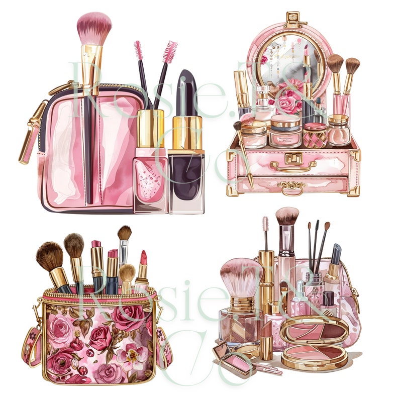 May include: Three pink and gold makeup bags with various makeup brushes, lipsticks, and other cosmetics. The bags have different patterns and designs.