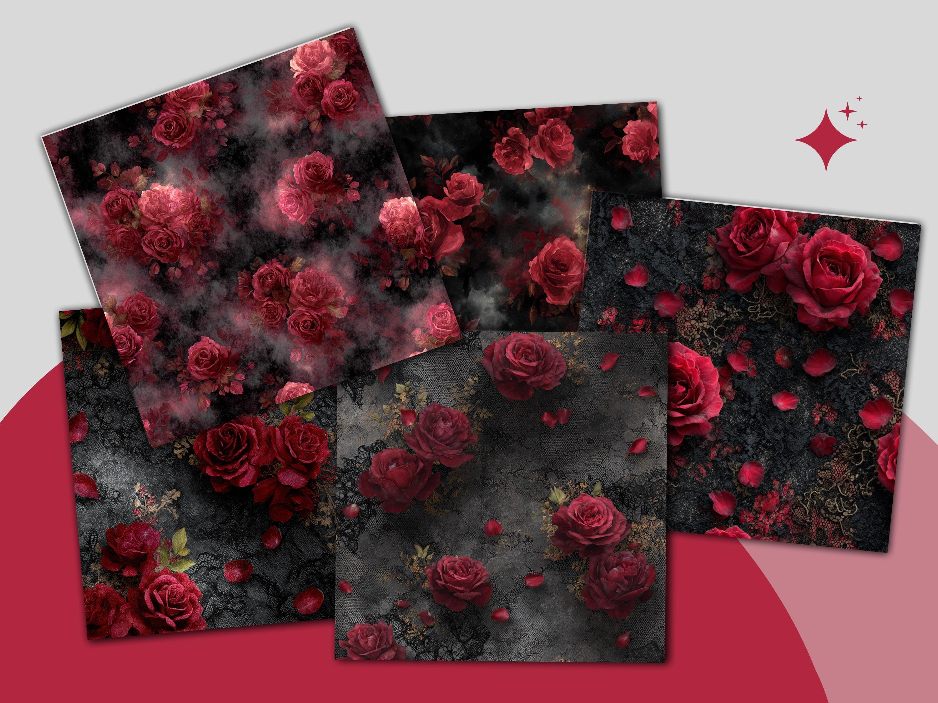 Dark Red Roses Digital Paper, Gothic Floral Seamless Backgrounds ...