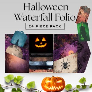 May include: A Halloween Waterfall Folio pack with 24 pieces. The image features a carved pumpkin with a glowing face, along with various tags and images with spooky themes, including a spider, a witch, and a full moon.