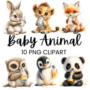 Clipart de animalito con biberón, PNG de baby shower, animales del zoológico, cumpleaños de un animal salvaje, descarga digital instantánea, álbum de recortes, invitaciones