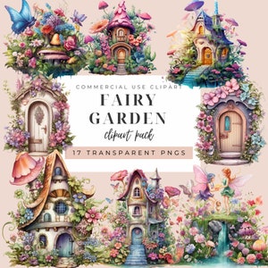 Clipart di fata carina Fata Fantasy Giardino Casa PNG Illustrazione Fungo Casa Adesivi digitali Cottage Clipart Uso commerciale Giornale spazzatura