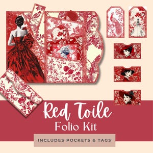 Kit folio toile rouge, folio pour journal indésirable, album de scrapbooking provincial français, éphémères numériques, toile de jouy, pochette pour journal indésirable, trois volets