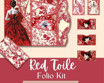 Red Toile Folio Kit, Junk Journal Folio, French Provincial Scrap book, Digital Ephemera, Toile de jouy, Junk Journal Pocket, Trifold