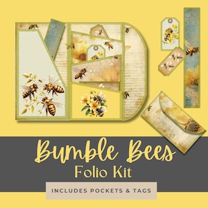 Junk Journal Folio Kit, vintage Honey Bee Folio, plakboek afdrukbaar, digitale ephemera, driebladige zak met tags, hommelkorf, ambacht
