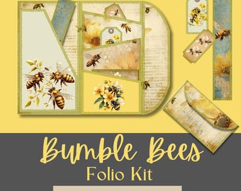 Junk Journal Folio Kit, Vintage Honey Bee Folio, Scrap book Printable, Digital Ephemera, Trifold Pocket with Tags, Bumble Bees Hive, Craft